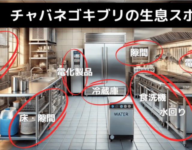 <h2>チャバネゴキブリの主なローチスポット（厨房）と施行方法</h2>